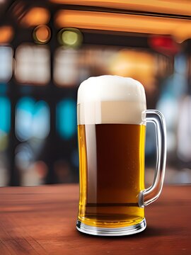mug of beer in a glass on a background of the blurred of a wooden barrel. selective focus