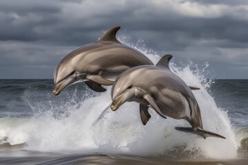 two dolphins leaping out of the ocean waves Generative AI