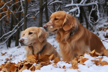two golden retriever dogs lay in the snow