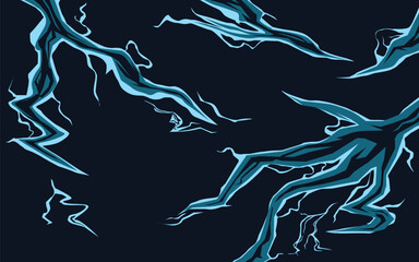 Lightnings, blue thunderbolts, electric strikes isolated on dark background