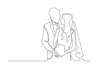 Continuous line drawing portrait of romantic wedding couple vector illustration. Premium vector. 