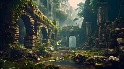 Fototapeta premium Ancient civilization in the tropical jungle. Generative AI