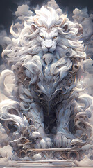 hand drawn beautiful illustration of a white lion in the clouds
