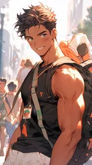 Foto op Canvas hand drawn cartoon illustration of an anime fitness muscle boy  © 俊后生