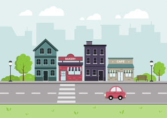 Fototapeta na wymiar City landscape with colorful buildings, shops, and streets. Cityscape flat design and urban lifestyle. Vector Illustration.