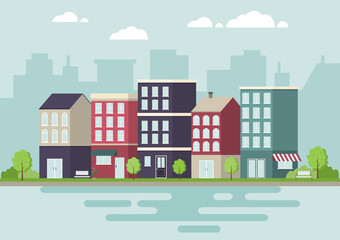 City landscape with colorful buildings, parks, and rivers. Cityscape flat design and urban lifestyle. Vector Illustration.