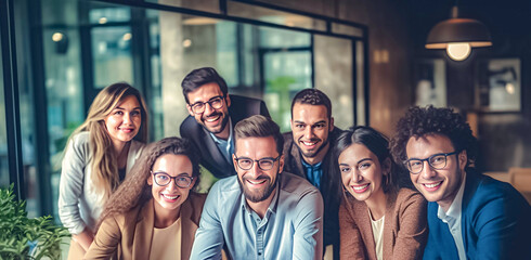 Obraz premium A team of professionals, both men and women in a modern office, showcasing their enthusiasm and camaraderie as they pose for a group photo while working on laptops. generative AI.