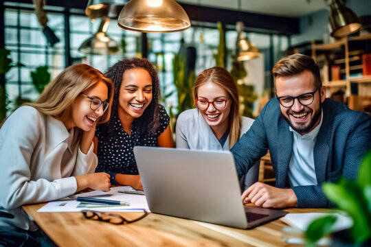 A team of professionals, both men and women in a modern office, showcasing their enthusiasm and camaraderie as they pose for a group photo while working on laptops. generative AI.