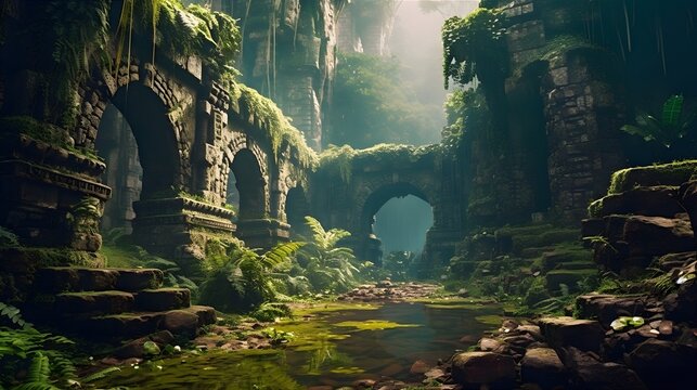 Ruined walls of the old city in the jungle. Generative AI