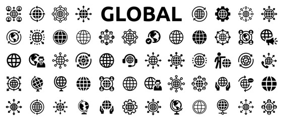 Global icon set. Containing networking, globe, world, globalization, internet, connection, worldwide and communication icons. Solid icon collection. Vector illustration. - obrazy, fototapety, plakaty