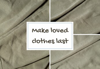 MAKE LOVED CLOTHES LAST text on background of before and after effect of Anti-pilling razor. Sustainability lifestyle fashion, reducing clothing waste recycling Device for shaving pellets clothes