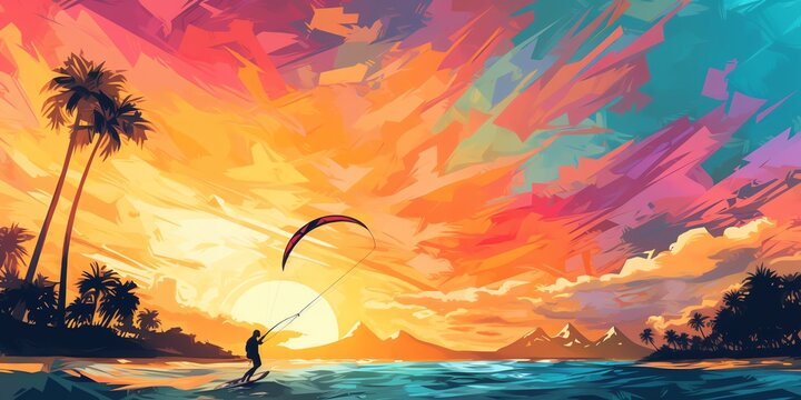 Kiteboarding: Colorful kite propels a rider across sparkling waters, blending adventure and tranquility in a summer sports illustration. Generative AI.