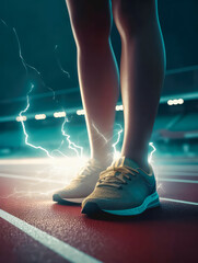 Runner foot on running track with Spark electric lightning  on the ground, Generative AI - 610497834