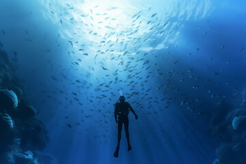 Silhouette of a Diver Swimming in the Blue Deep Sea with a Bunch of Fish