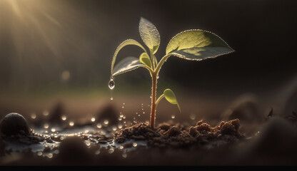 macro of young plant with drops of water in sunlight, illustration, Generative AI