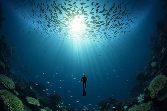 Silhouette of a Diver Swimming in the Deep Sea with a Bunch of Fish