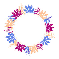 Fototapeta na wymiar Abstract floral frame with bright colorful tropical leaves and place for text. Vector illustration, card, round border, decor, decoration, ornament.
