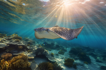 Underwater Ocean View with a Big Stingray Coral Reefs Sunlight from the Sea Surface - obrazy, fototapety, plakaty