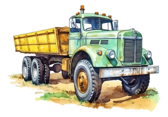 Obraz premium Watercolor of green farm truck isolated. Generative AI.