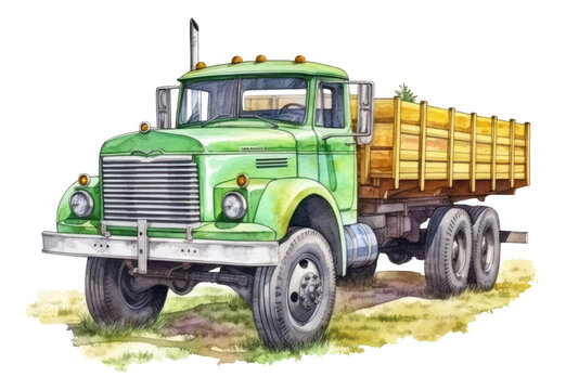 Watercolor of green farm truck isolated. Generative AI.