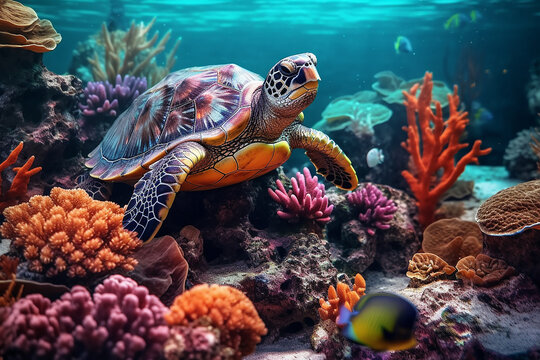 Beautiful Underwater View with a Turtle and Colorful Coral Reef Marine Life