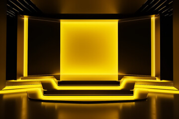 Yellow gold Display mock up 3D luxury stage with LED light and simple shape decoration around it. generative AI