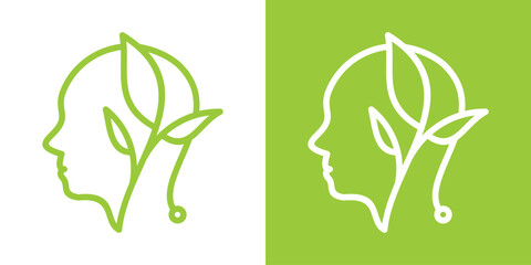 logo design health care mental head and leaf minimalist icon vector illustration - obrazy, fototapety, plakaty