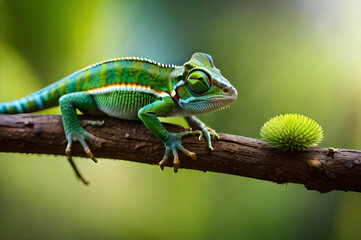 close-up of green Chameleons on a twig with a blurred background