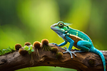 close-up of green yellow and brown chameleons on a branch with a blurred background