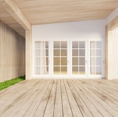 Minimal style wooden terrace of the glass door entrance with wall side slats and floor grass.3d rendering
