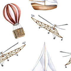 Sailing ship, air balloon, airplane watercolor seamless pattern isolated on white. Boat, aircraft, vessel, aerostat hand drawn. Print for boy, wrapping, textile, vintage style wallpaper, background