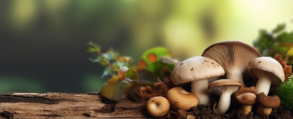 Mushrooms organic vegetable for cooking copy space blurred background, generative AI - obrazy, fototapety, plakaty