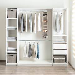 a small white walk in closet with open shelving and shelves holding baskets - obrazy, fototapety, plakaty