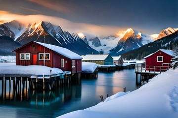 Fototapeta premium Houses on the lake surrounded by snow covered mountains, created with Generative AI