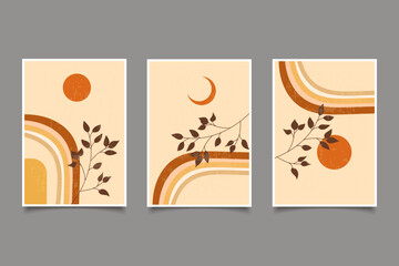 mid century boho style moon and sun rainbow for wall art collection,modern trendy contemporary set