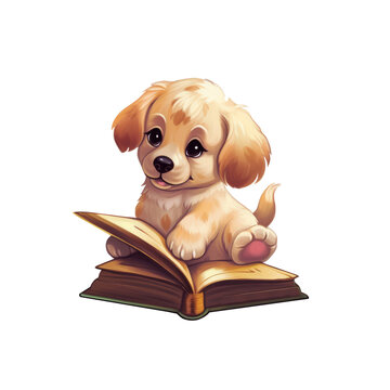 little dog puppy reading the big book with happy face ai image generative