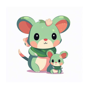 green cartoon mouse big and small mouse winter muffler wearing ai image generative