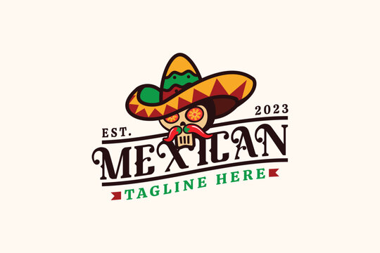 mexican restaurant logo with a combination of a skull, sombrero hat, and herbs in vintage style.