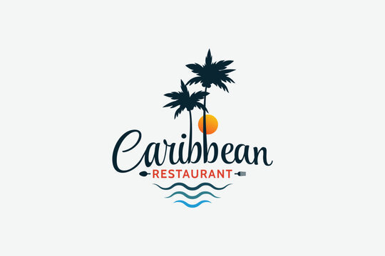 caribbean restaurant logo with a combination of beautiful lettering, palms and sunset.