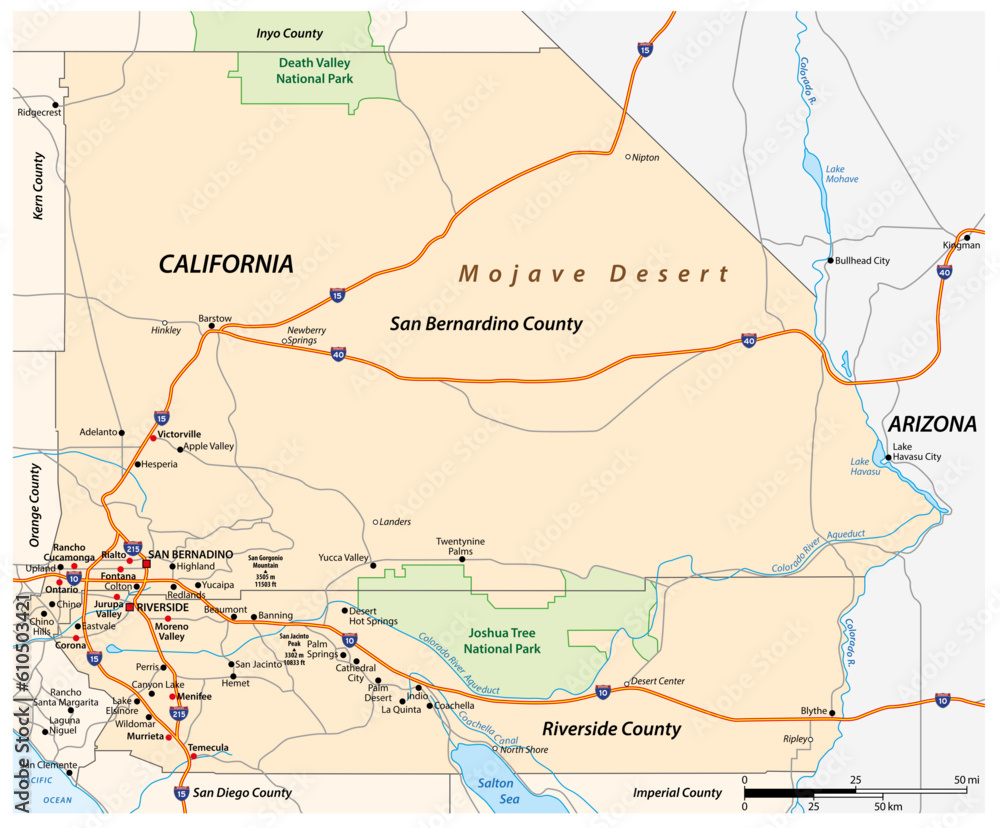 Poster Vector road map of the Inland Empire region of California, United States