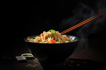 Bowl with Instant Noodles On Black Background