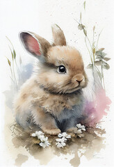 Cute Baby Bunny In Nature With Flowers Illustration Watercolor Art Generative AI