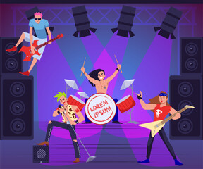 Emotional rock band performs on stage flat style, vector illustration