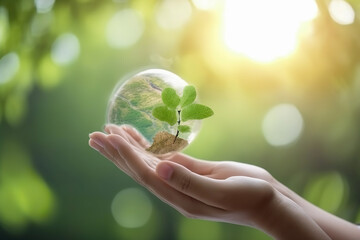 Hand holding the earth with global environmental for Reduce CO2 emission , renewable energy and green business concept , Created with generative AI