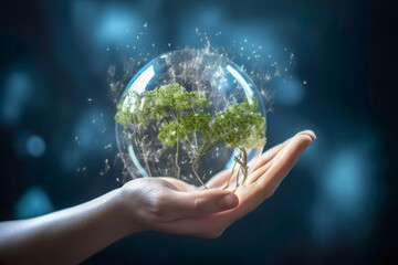 Hand holding the earth with global environmental for Reduce CO2 emission , renewable energy and green business concept , Created with generative AI