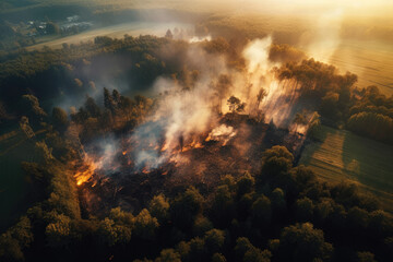 Fototapeta na wymiar Fire in a field and forest, top view, Generative AI