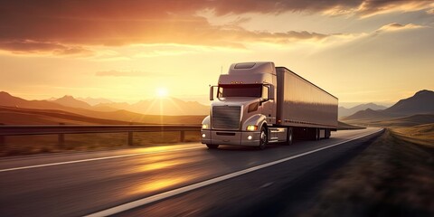 Cargo Truck on the Open Road at Sunset. Trucking Business in Motion