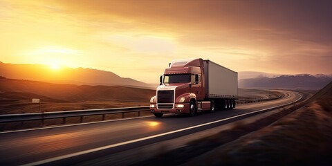 Fototapeta na wymiar Cargo Truck on the Open Road at Sunset. Trucking Business in Motion