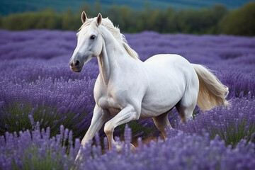white horse running in lavender field