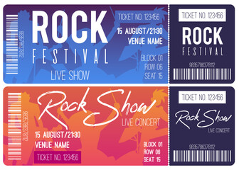 Vector Template of ticket on live concert, rock festival, show with Rock band in background